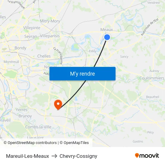 Mareuil-Les-Meaux to Chevry-Cossigny map