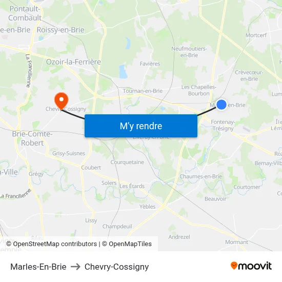 Marles-En-Brie to Chevry-Cossigny map