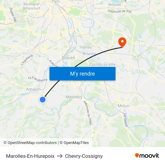Marolles-En-Hurepoix to Chevry-Cossigny map