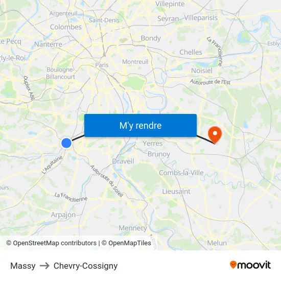 Massy to Chevry-Cossigny map