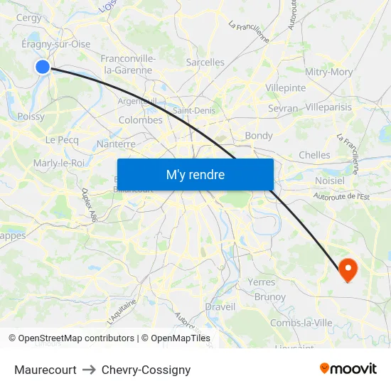 Maurecourt to Chevry-Cossigny map