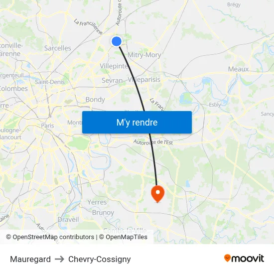 Mauregard to Chevry-Cossigny map
