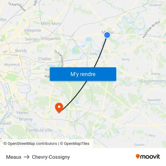 Meaux to Chevry-Cossigny map