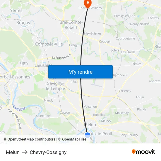 Melun to Chevry-Cossigny map