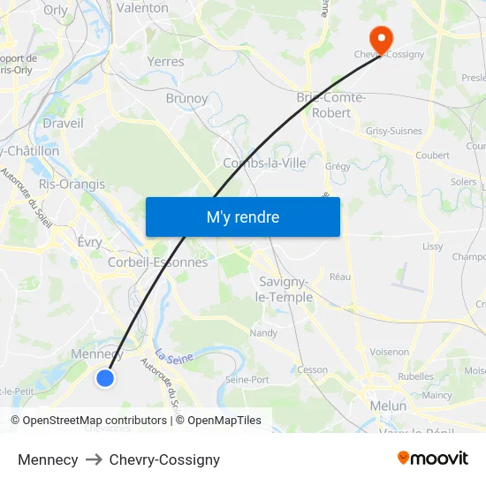 Mennecy to Chevry-Cossigny map