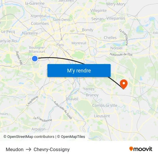 Meudon to Chevry-Cossigny map