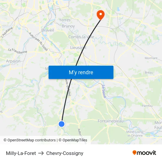 Milly-La-Foret to Chevry-Cossigny map