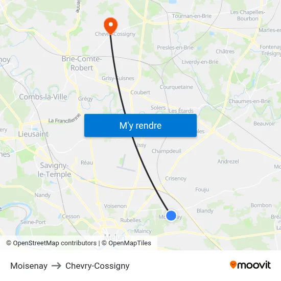 Moisenay to Chevry-Cossigny map