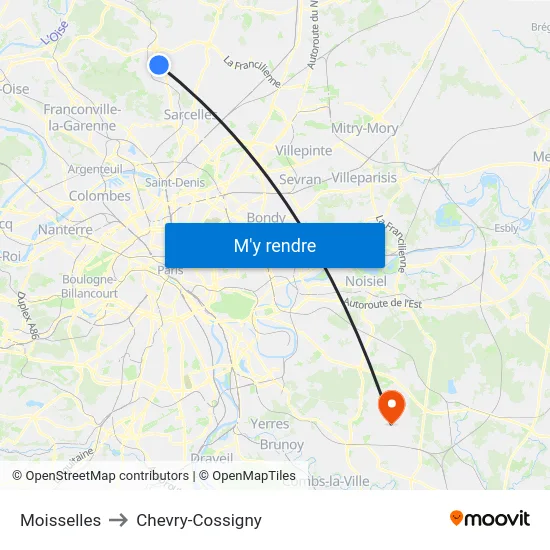 Moisselles to Chevry-Cossigny map