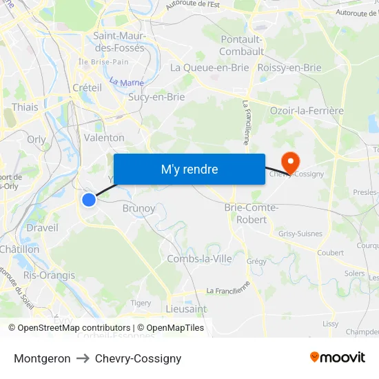 Montgeron to Chevry-Cossigny map
