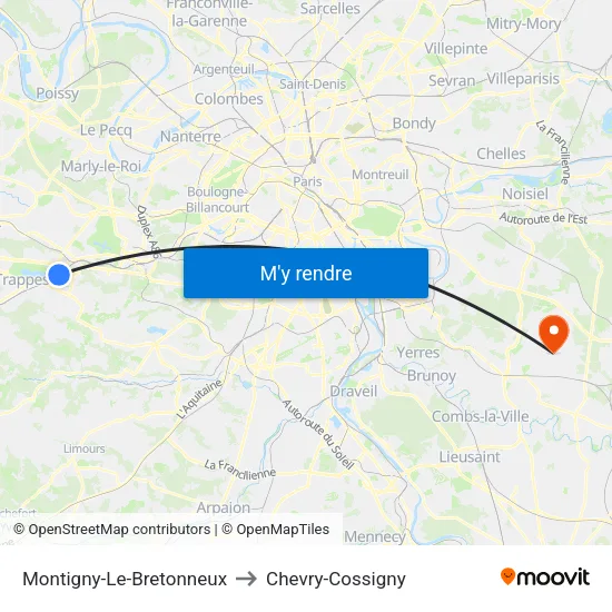 Montigny-Le-Bretonneux to Chevry-Cossigny map