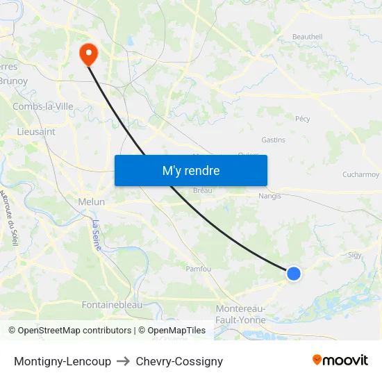 Montigny-Lencoup to Chevry-Cossigny map