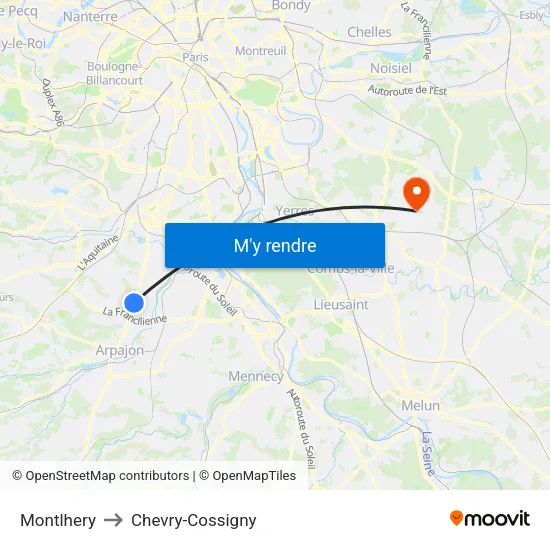 Montlhery to Chevry-Cossigny map
