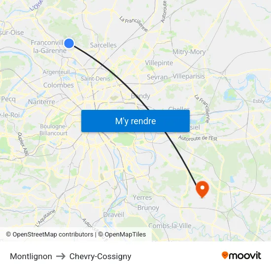 Montlignon to Chevry-Cossigny map