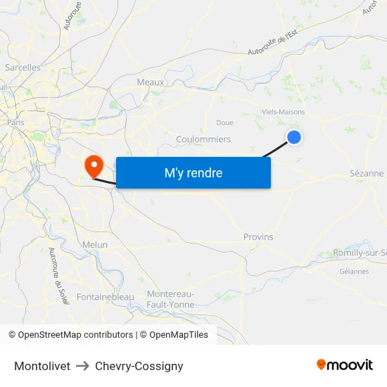 Montolivet to Chevry-Cossigny map