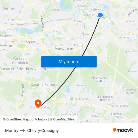 Montry to Chevry-Cossigny map