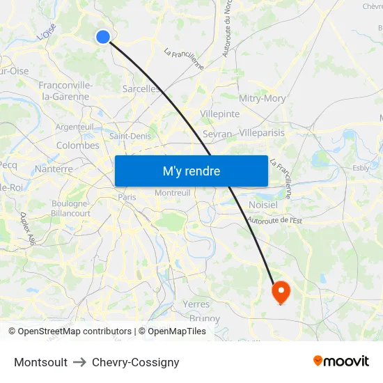 Montsoult to Chevry-Cossigny map