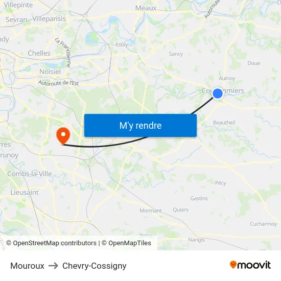 Mouroux to Chevry-Cossigny map