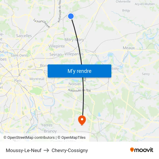 Moussy-Le-Neuf to Chevry-Cossigny map