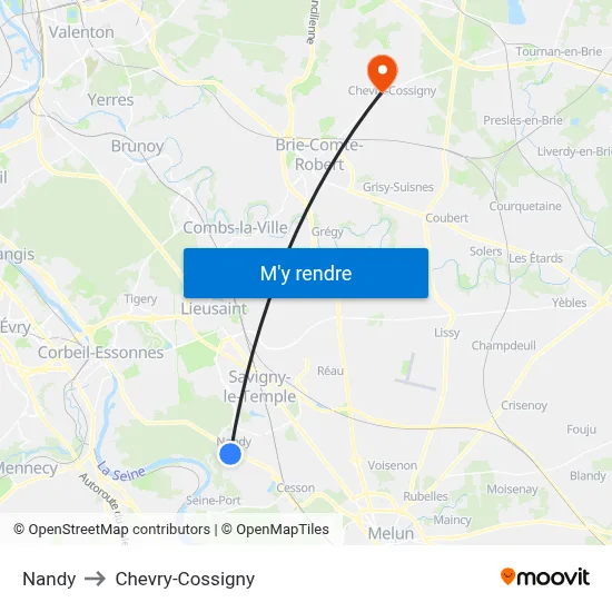 Nandy to Chevry-Cossigny map