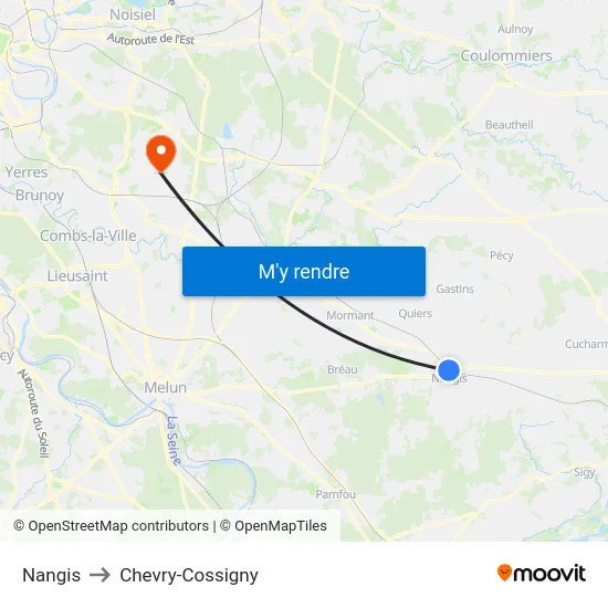 Nangis to Chevry-Cossigny map