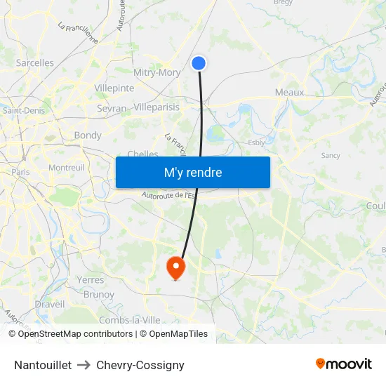 Nantouillet to Chevry-Cossigny map