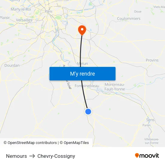 Nemours to Chevry-Cossigny map