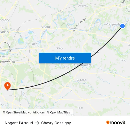 Nogent-L'Artaud to Chevry-Cossigny map