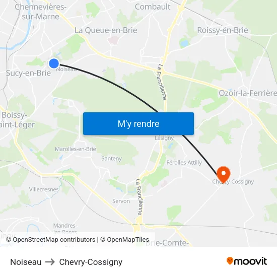 Noiseau to Chevry-Cossigny map