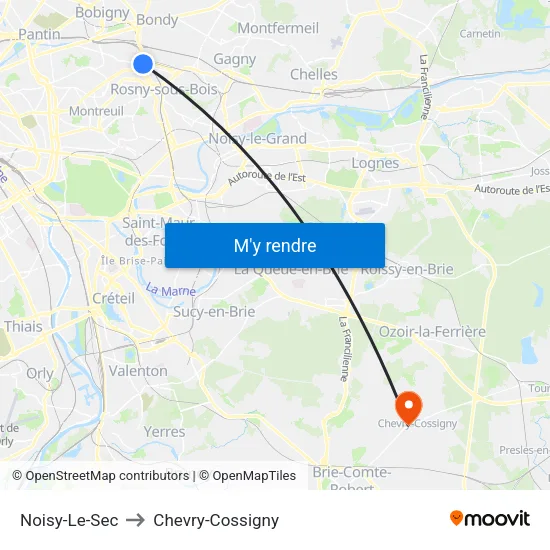 Noisy-Le-Sec to Chevry-Cossigny map
