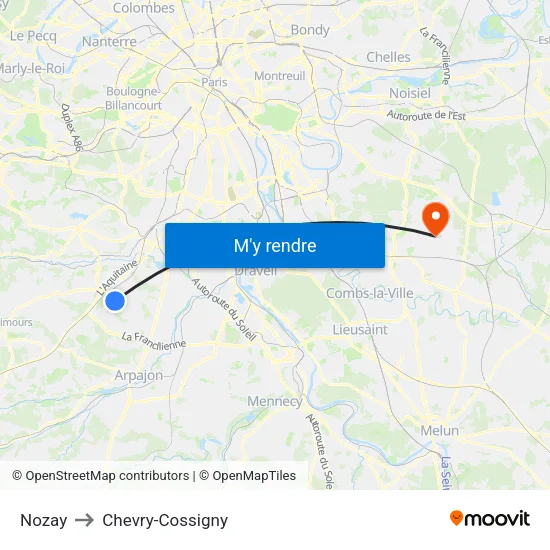 Nozay to Chevry-Cossigny map