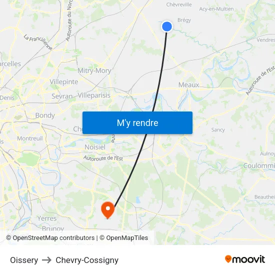Oissery to Chevry-Cossigny map
