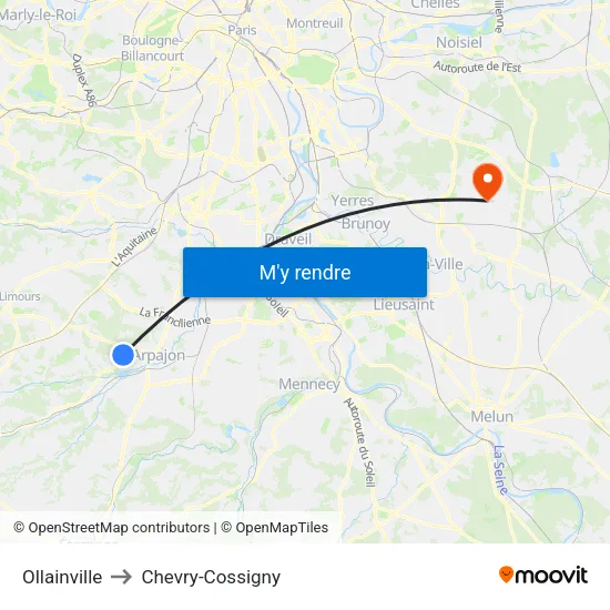 Ollainville to Chevry-Cossigny map