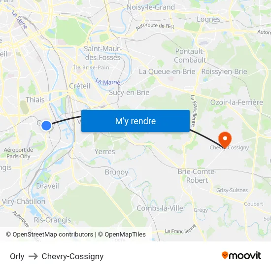 Orly to Chevry-Cossigny map