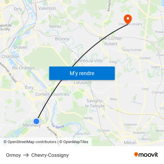 Ormoy to Chevry-Cossigny map