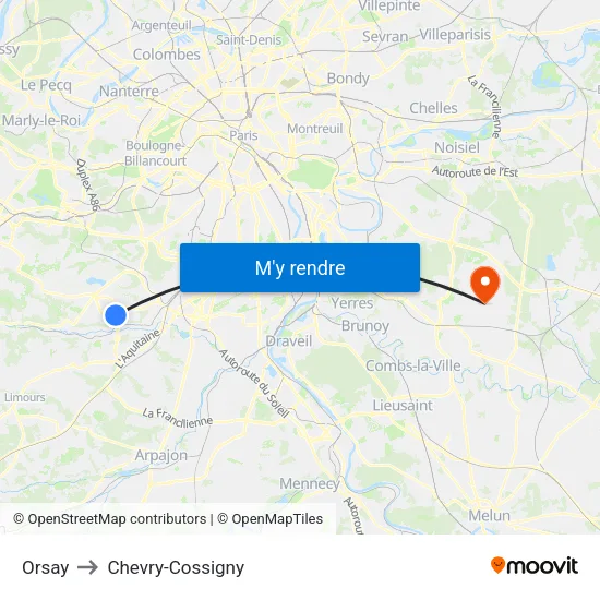 Orsay to Chevry-Cossigny map
