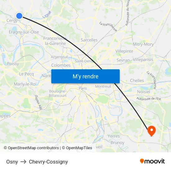 Osny to Chevry-Cossigny map