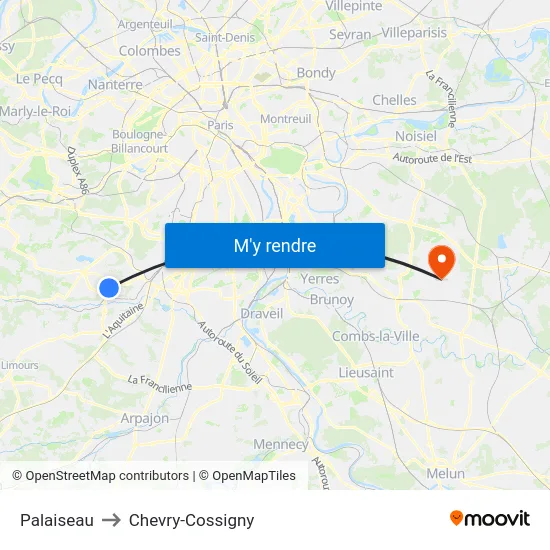 Palaiseau to Chevry-Cossigny map