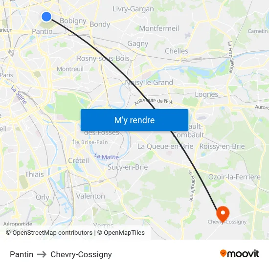 Pantin to Chevry-Cossigny map