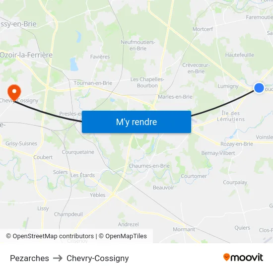 Pezarches to Chevry-Cossigny map