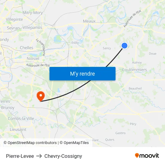 Pierre-Levee to Chevry-Cossigny map