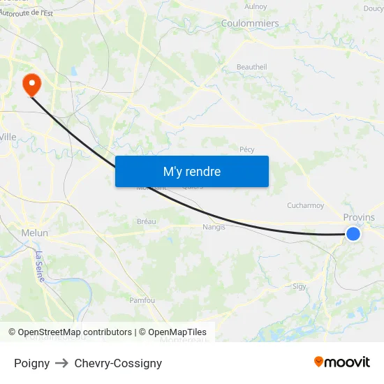 Poigny to Chevry-Cossigny map