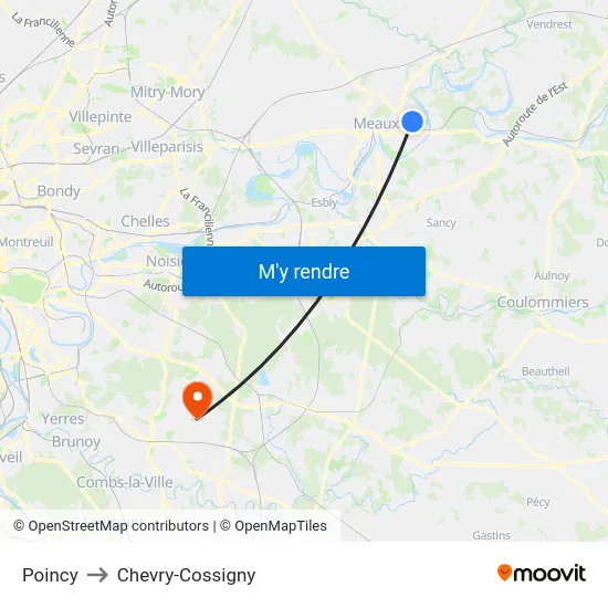 Poincy to Chevry-Cossigny map
