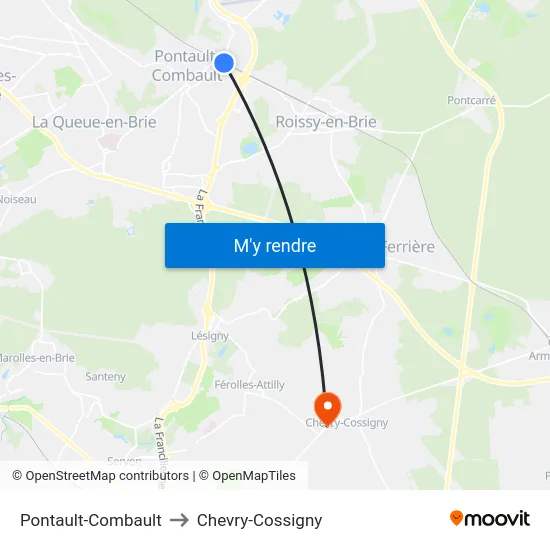Pontault-Combault to Chevry-Cossigny map