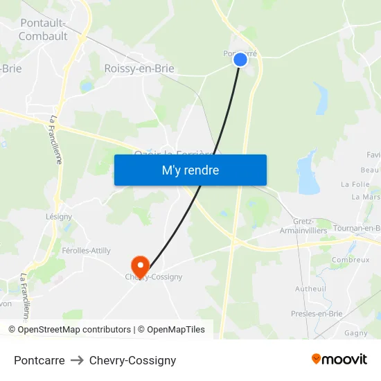 Pontcarre to Chevry-Cossigny map