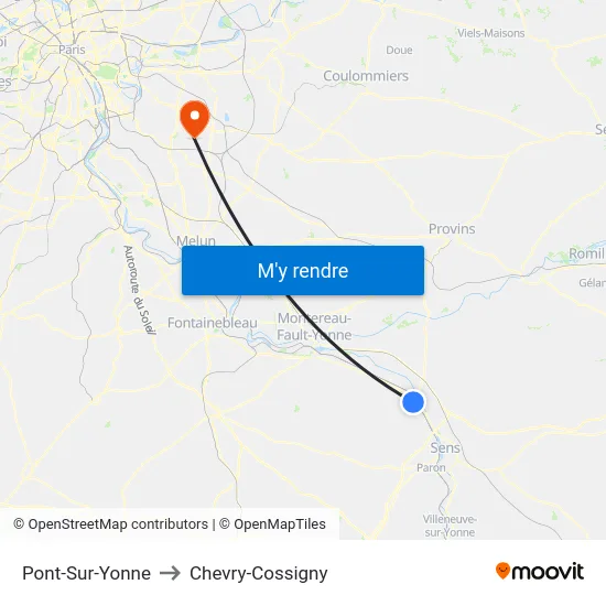 Pont-Sur-Yonne to Chevry-Cossigny map