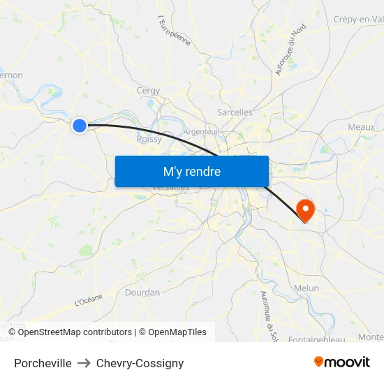 Porcheville to Chevry-Cossigny map