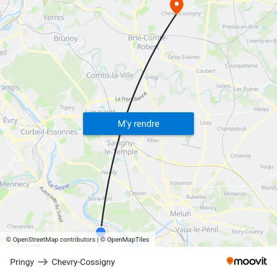 Pringy to Chevry-Cossigny map