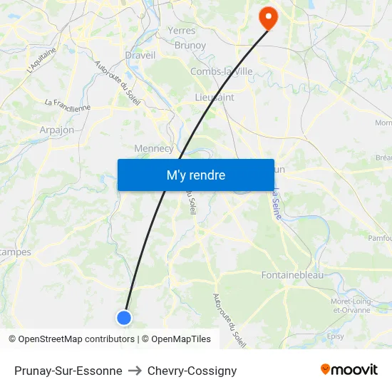 Prunay-Sur-Essonne to Chevry-Cossigny map
