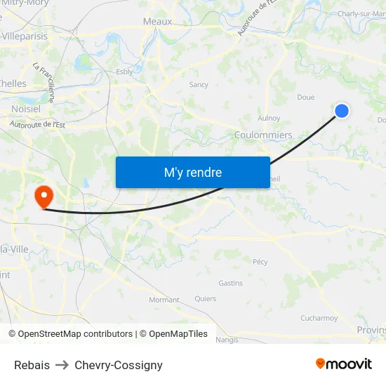 Rebais to Chevry-Cossigny map